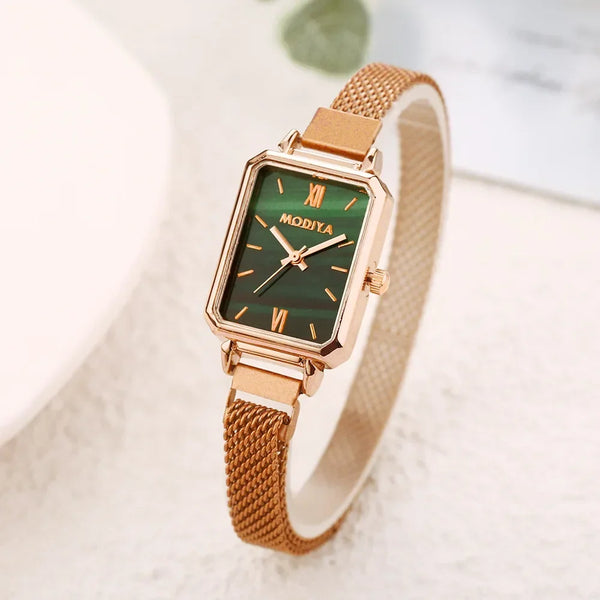 Nouvelle Montre Femme 2024 - Cadran Vert, Or Rose & Bracelet Magnétique